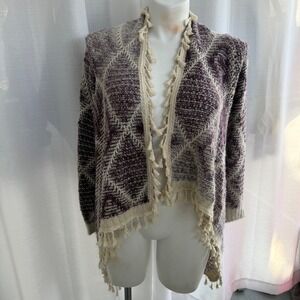Anthropologie Fate Boho Knit Cardigan Women's Small Cream Purple Western Fringe